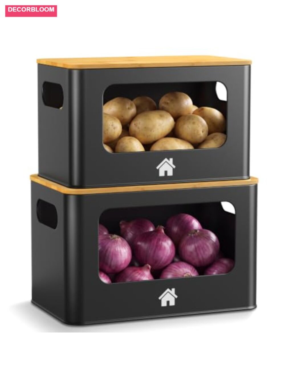 Metal Potato Onion Storage Bin Bamboo Lid Pantry Kitchen Organizer 2 Pack